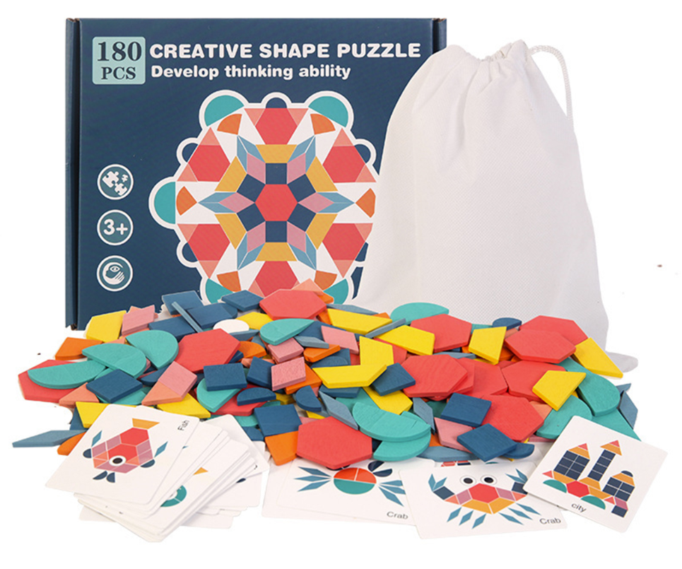 Awaken the Mind: High Quality Wooden Tangram Puzzle - 180 Colorful Pieces for Kids Ages 4-6