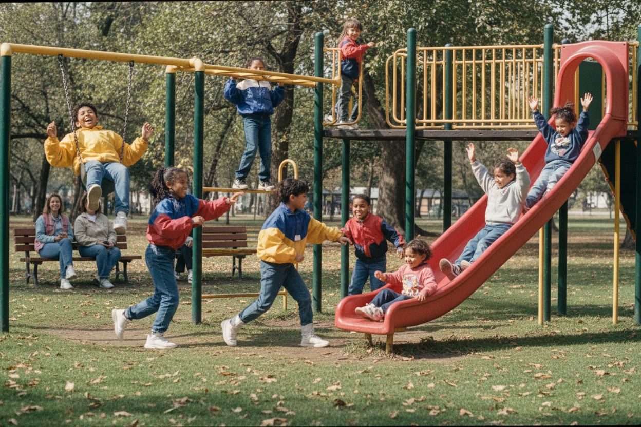 Des enfants s'amusent dans un parc comme dans les années 90