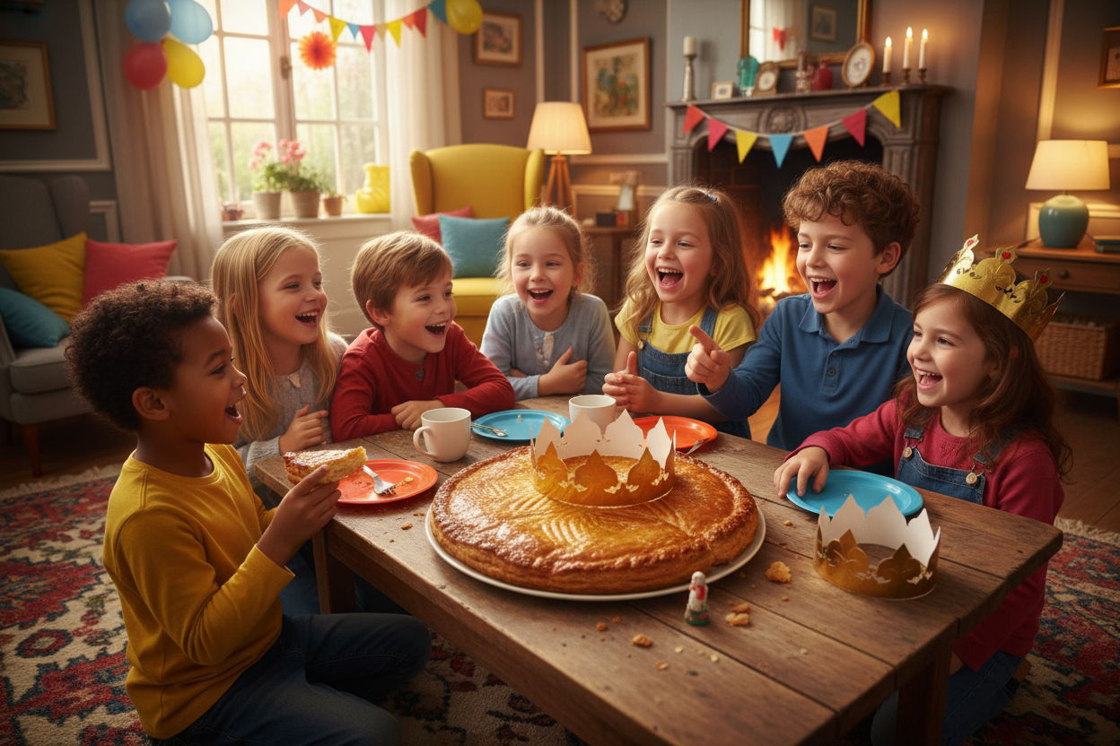 Les enfants qui jouent autour d'une galette de roi .